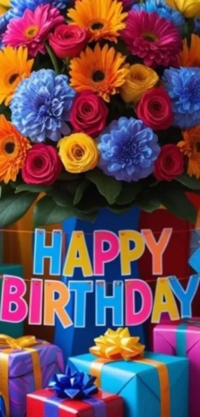 Colorful birthday bouquet and gifts with 'Happy Birthday' sign.