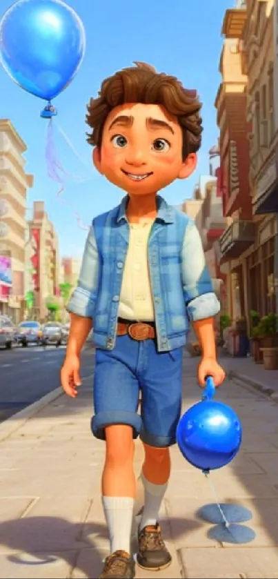 Animated boy with blue balloons on a city street.