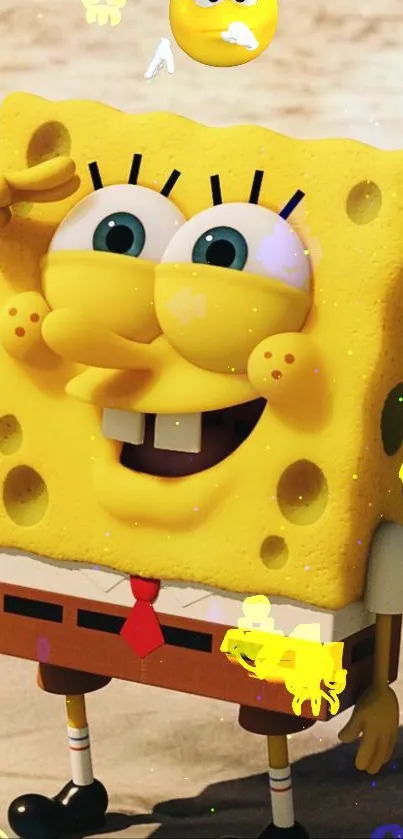 Cheerful cartoon character on a beach.