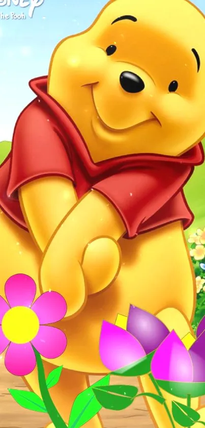 Cartoon bear with flowers in a nature scene mobile wallpaper.