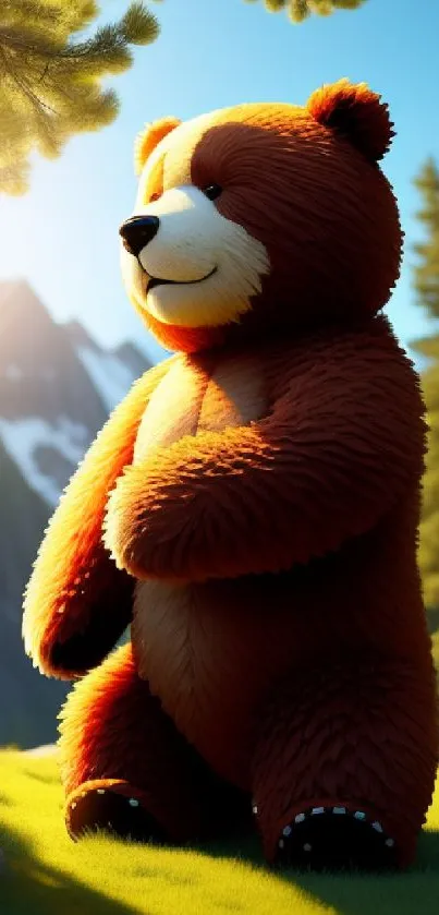 Cartoon bear in sunny forest landscape, with mountains and trees.