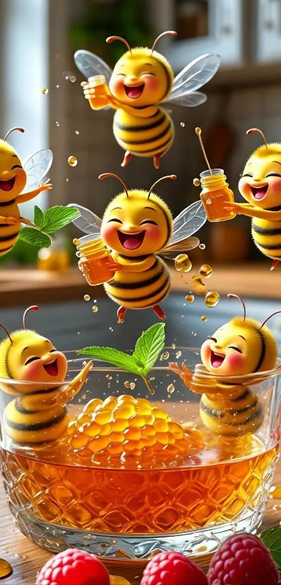 Adorable cartoon bees with honey in a jar.
