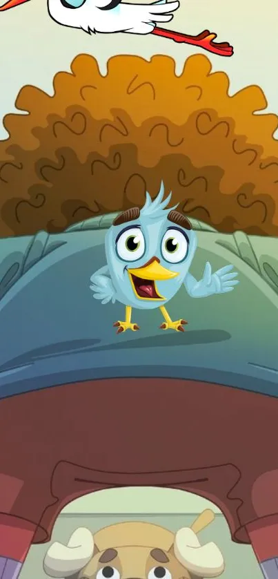 Cheerful cartoon bird on a bright, whimsical background.