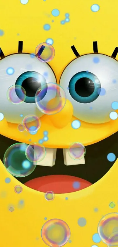 Cheerful cartoon character with bubbles on a yellow background.