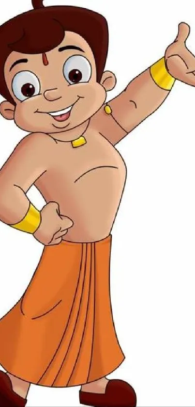 Cheerful cartoon character in vibrant orange attire with a playful pose.