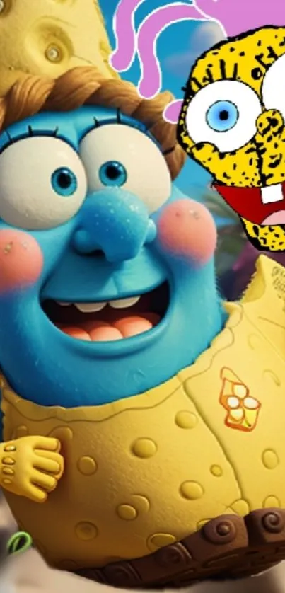 Cartoon character with blue skin and yellow outfit in playful pose.