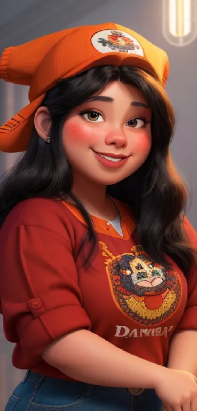 Smiling cartoon girl in orange sweater with a cozy kitchen background.