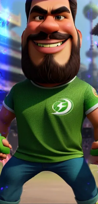 Cartoon character in green jersey on a lively mobile wallpaper.