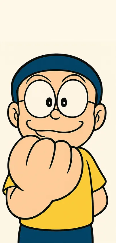Cartoon character in yellow shirt with a cheerful expression.