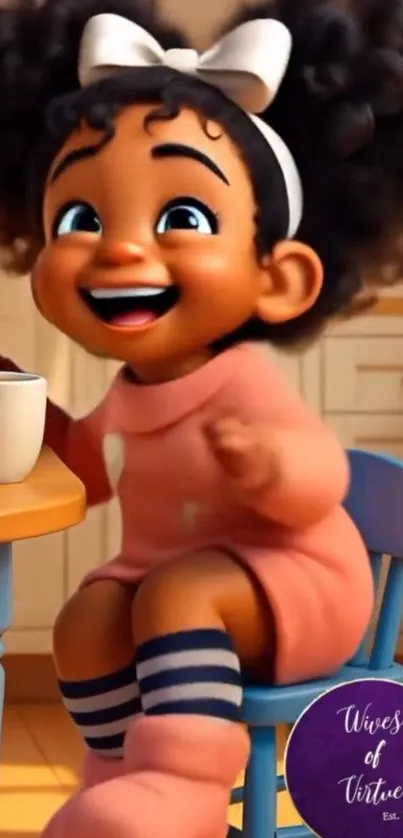 Cute animated girl with a joyful expression on a colorful background.