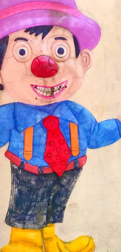 Colorful cartoon clown holding a red balloon.