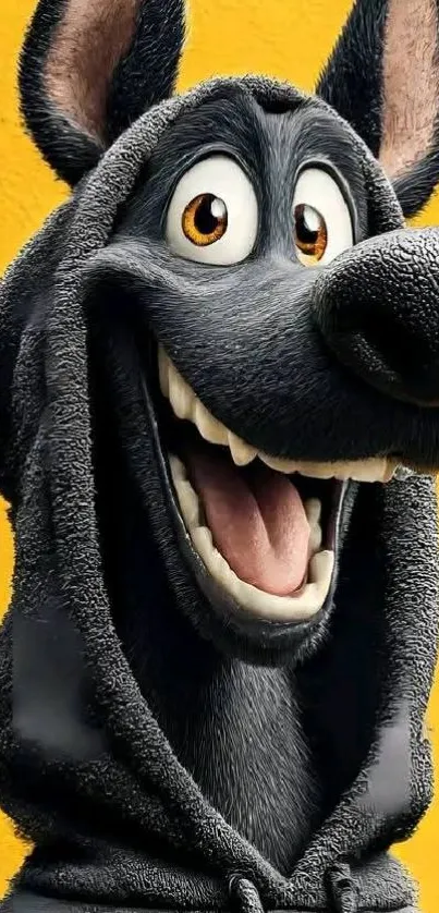 Cheerful cartoon dog wearing hoodie on a yellow background wallpaper.