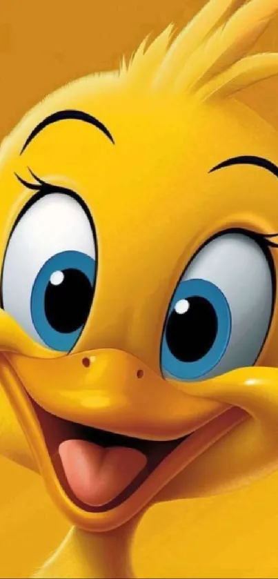 Bright yellow cartoon duck smiling happily against a yellow background.