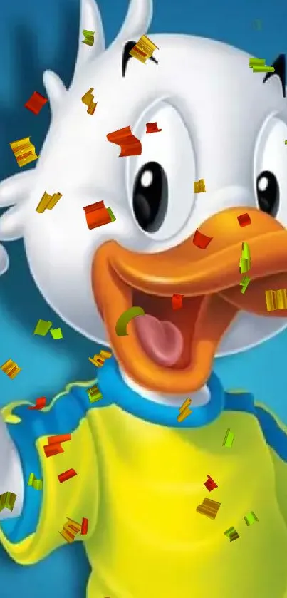 Cheerful cartoon duck with a yellow shirt on a blue background wallpaper.