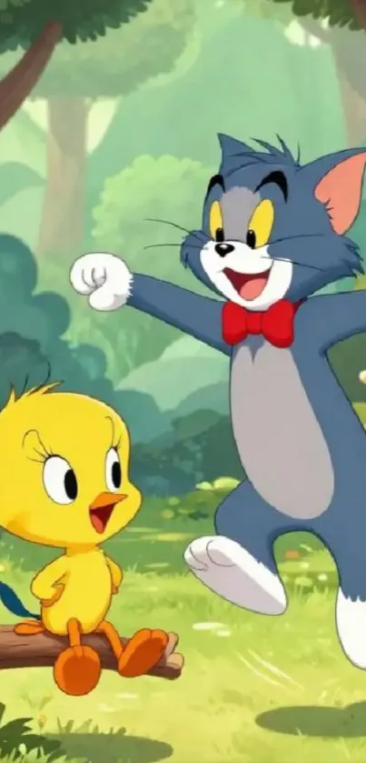 Cheerful animated forest scene with cartoon characters.