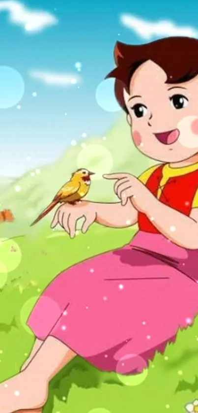 Colorful cartoon girl with bird in nature setting.