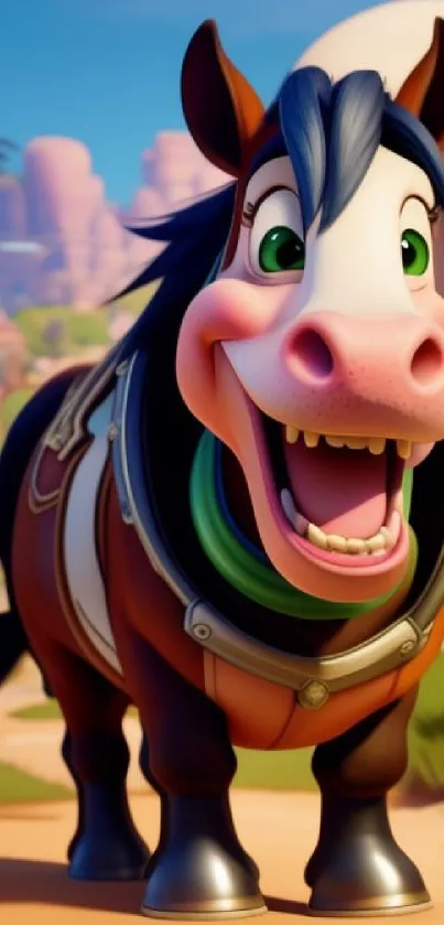 Cheerful cartoon horse in vibrant fantasy background.