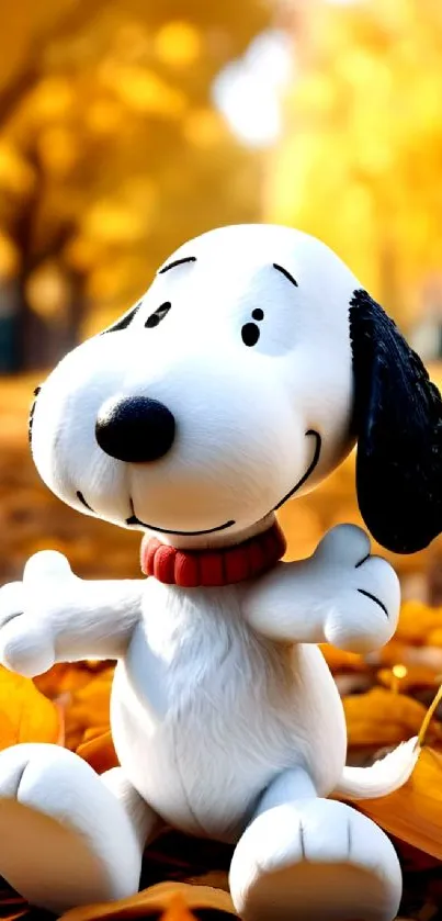 Cartoon dog enjoying autumn leaves in a vibrant fall setting.