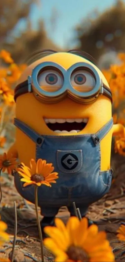 Happy cartoon minion with orange flowers background.