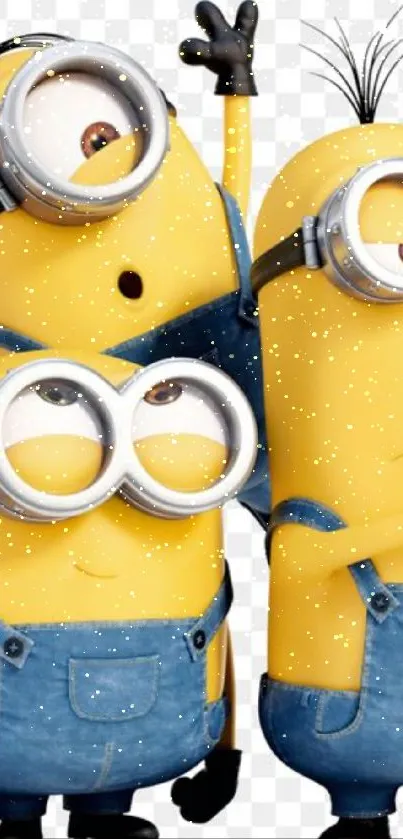 Cheerful minions in denim overalls on a transparent checkered background.