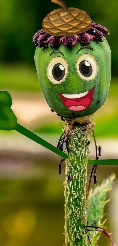 Playful cartoon plant character on green background.