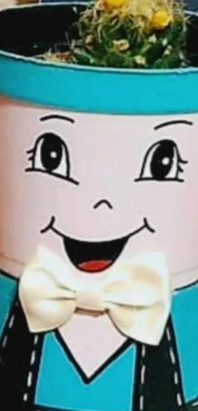 Colorful cartoon pot with teal and bow tie.