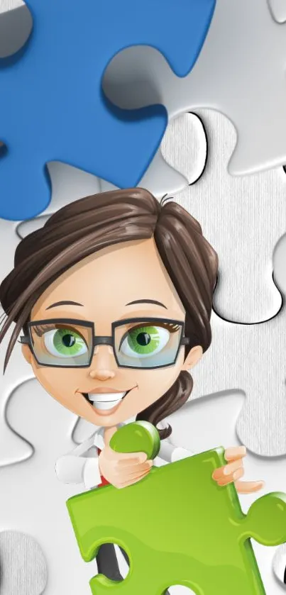 Cartoon character with green puzzle piece on a colorful background.