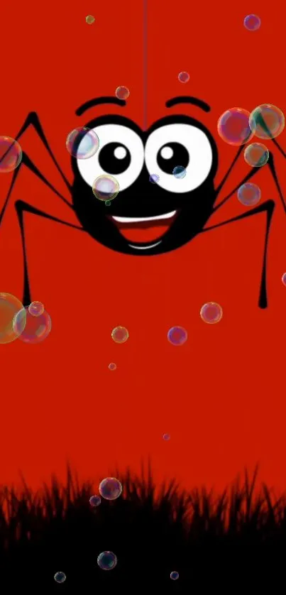 A cheerful cartoon spider on a red background with bubbles.