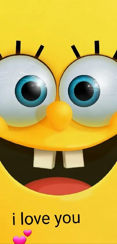 Cheerful cartoon character with smiling face on yellow background.