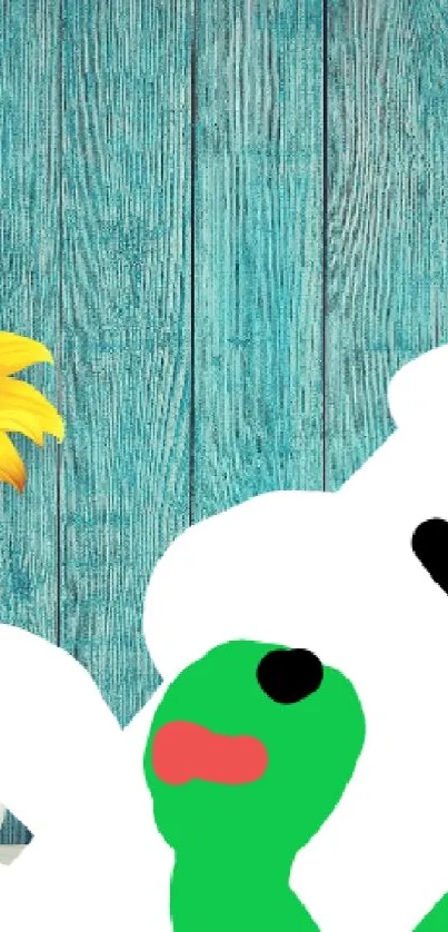 Cheerful cartoon with sunflower and teal wood background wallpaper