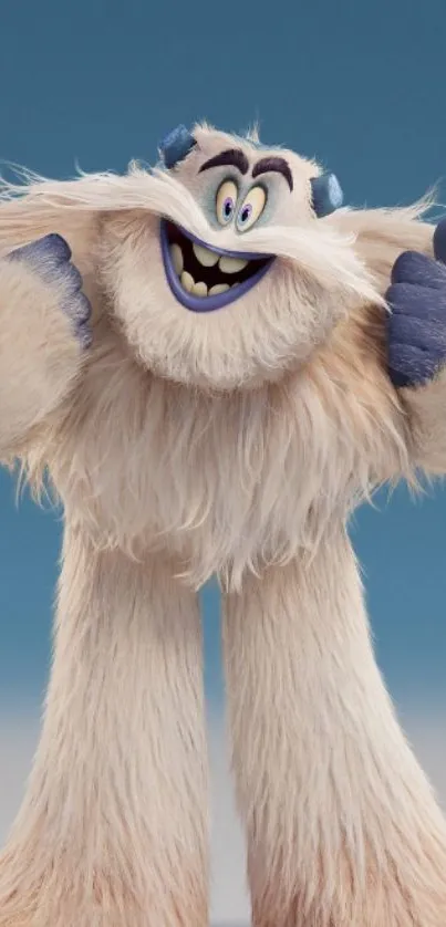 Cheerful cartoon yeti with blue gloves on sky blue background.