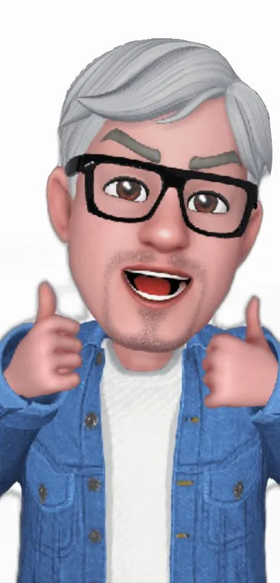 Cheerful avatar with blue jacket and gray hair.