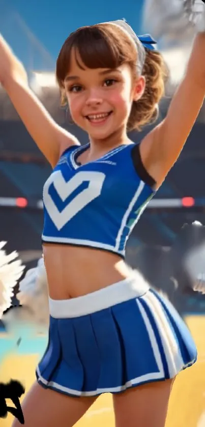 Energetic cheerleader smiles in blue uniform with vibrant stadium backdrop.