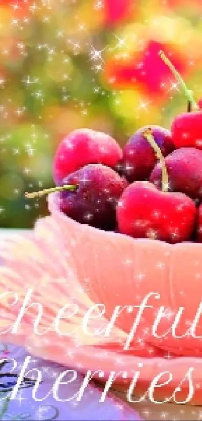 Vibrant cherries in a pink dish in a sunny garden setting.