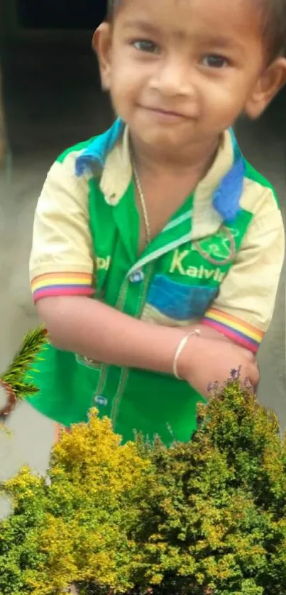 Child in a green shirt stands joyfully amidst nature.