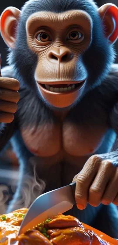 Cartoon chimpanzee smiling with a knife.