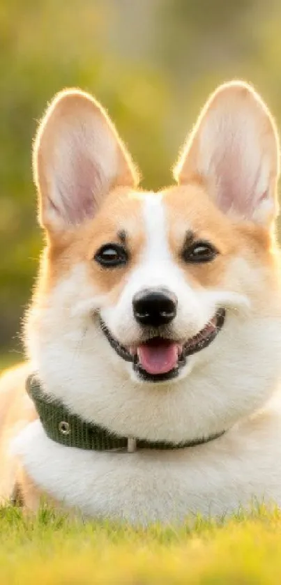Smiling Corgi resting in a sunlit grassy field.