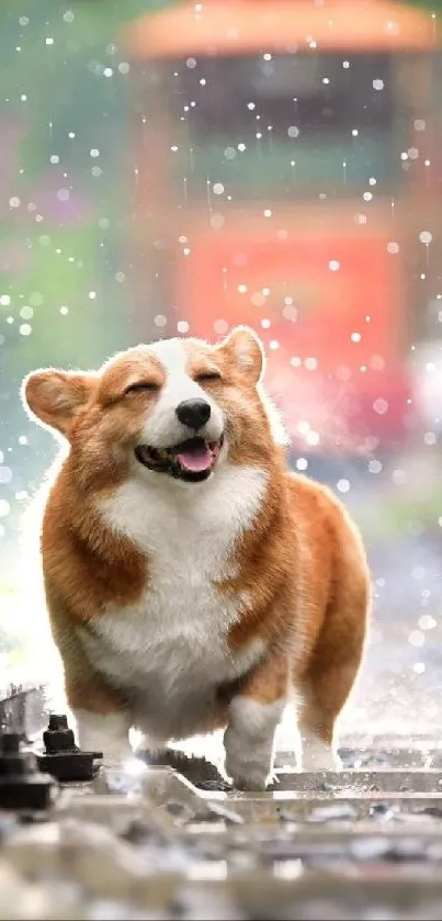 Joyful Corgi walking on rainy railway tracks.