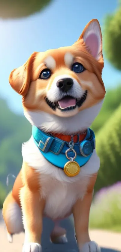 Cheerful corgi with blue collar in lush green surroundings.