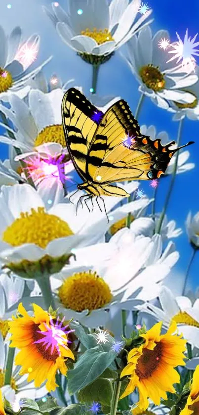 Daisies reaching for a vibrant blue sky, creating a fresh and cheerful scene.