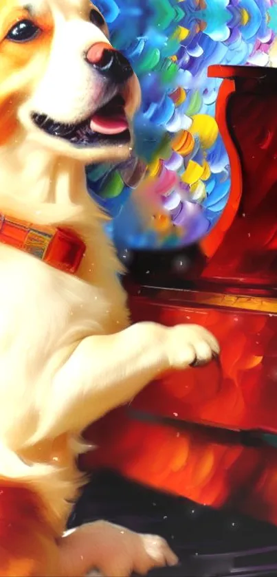 Vibrant art of a dog joyfully playing a colorful piano.