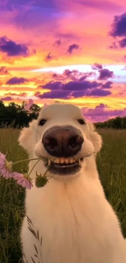 Happy dog holding flower at sunset in grassy field, vibrant colors in background.