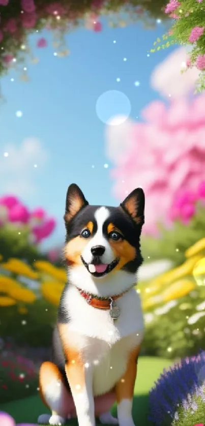 Cheerful dog sitting in a vibrant flower garden with pink and yellow blooms.