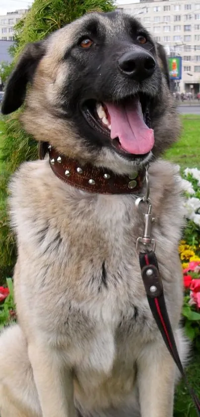 A cheerful dog sitting in a colorful flower garden filled with vibrant greens.