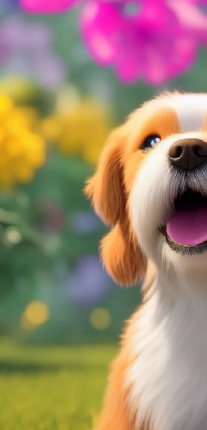 Cheerful dog surrounded by vibrant flowers in a lush garden setting.