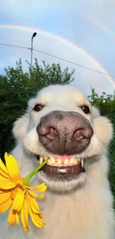 Smiling dog with yellow flower under a rainbow.