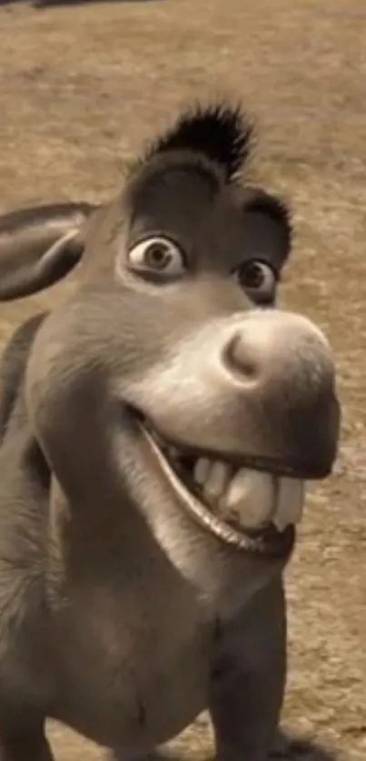 Smiling animated donkey on brown background.