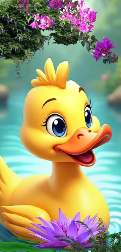 A cheerful animated duckling in a colorful pond with flowers.
