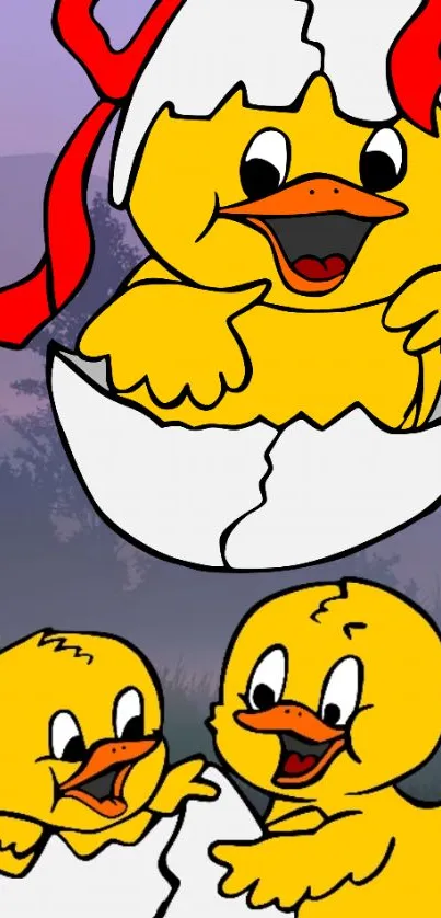 Cartoon ducklings hatching from eggs in a cheerful mobile wallpaper scene.