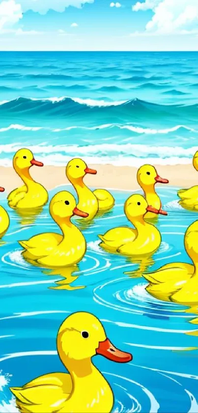 Yellow ducks swimming in blue ocean by the beach under clear skies.